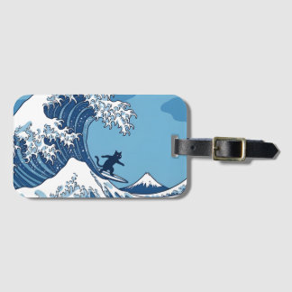 Etiqueta De Bagagem Gato Engraçado Surfando a Grande Onda de Kanagawa 