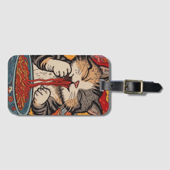 Etiqueta De Bagagem Gato Fofo Comendo Macarrão (Frente Horizontal)