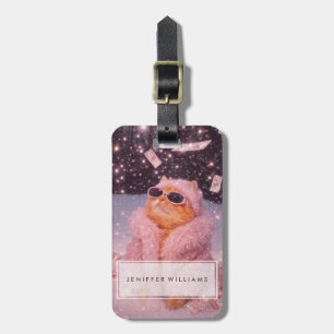 Etiqueta De Bagagem Gato Glam Money com Casaco de Pelúcia Rosa e Óculo