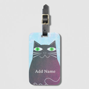 Etiqueta De Bagagem Gato Gordo Preto Azul Aquarela Nome Personalizado