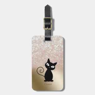 Etiqueta De Bagagem Gato Negro Elegante, Glitter Bokeh - Personalizado