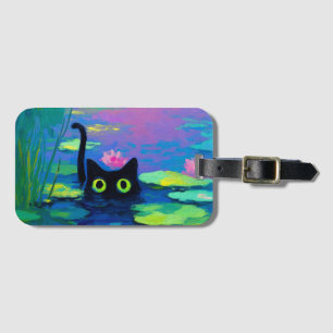 Etiqueta De Bagagem Gato Negro Engraçado Nadando Pond Quirky Art