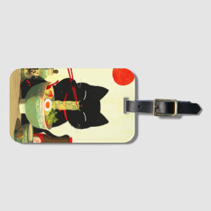 Etiqueta De Bagagem Gato Preto Feliz Comendo Ramen Ukiyo-e Japonês