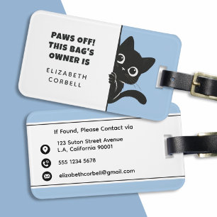 Etiqueta De Bagagem Gato Preto Fofo e Divertido Espiando Azul e Branco