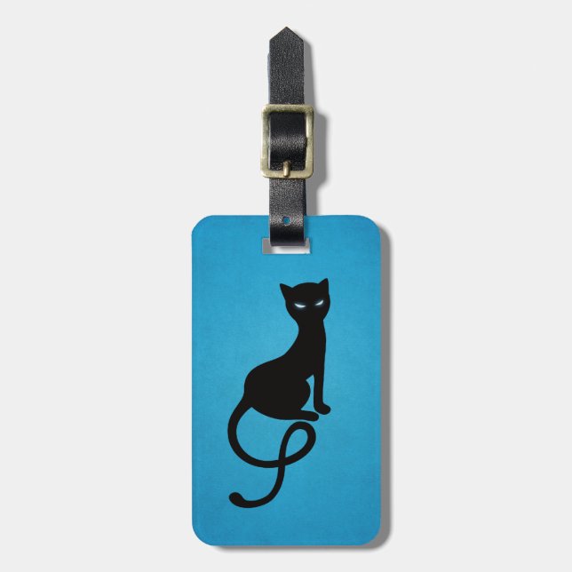 Etiqueta De Bagagem Gato preto mau gracioso azul personalizado (Frente Vertical)