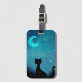 Etiqueta De Bagagem gato preto noite ilustração moderna brilho céu