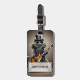 Etiqueta De Bagagem Gato Rockstar Tocando Guitarra Elétrica em Couro