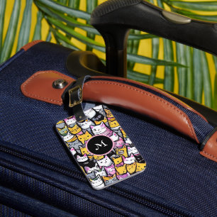 Etiqueta De Bagagem Gatos rostos de rabisco felino gatinho monograma