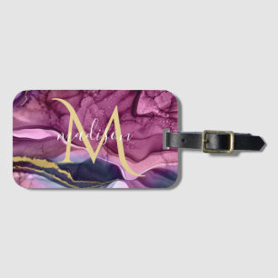 Etiqueta De Bagagem Geodo de Ágata Roxo Rosa e Dourado Monogramado
