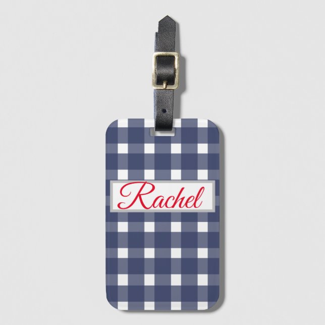 Etiqueta De Bagagem Gingham Branco Azul Personalizado (Frente Vertical)