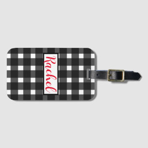 Etiqueta De Bagagem Gingham branco preto personalizado
