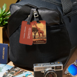 Etiqueta De Bagagem Girafa com Poster de Viagens vintage Sunset Africa