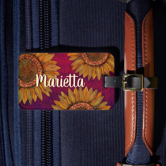 Etiqueta De Bagagem Girassol Rústico Bonito Boho Burgundy Roxo (Frente Insitu 4)