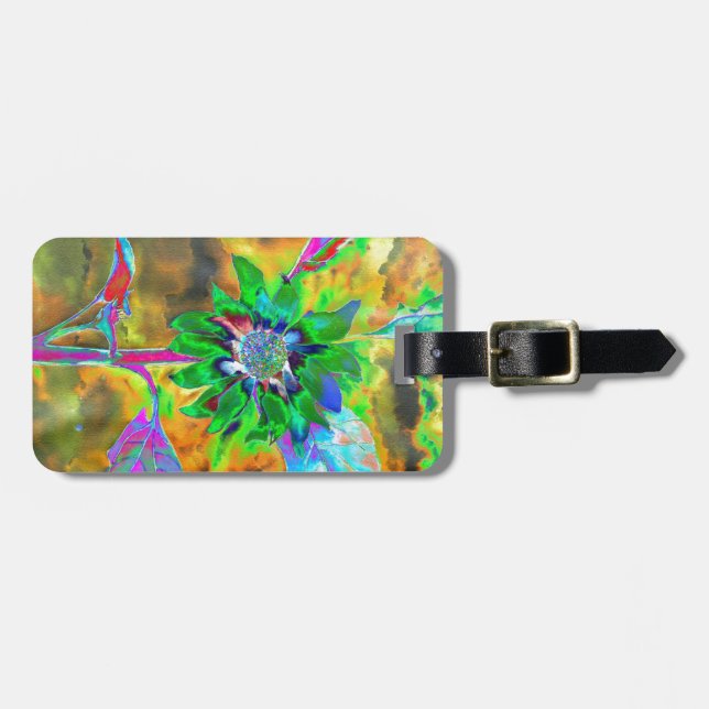 Etiqueta De Bagagem girassol verde abstrato | retro funky (Frente Horizontal)