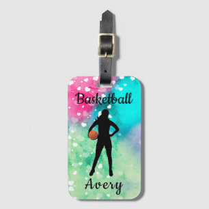Etiqueta De Bagagem Girls Basball Watercolor com coração flutuante