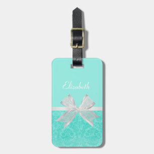 Etiqueta De Bagagem Girly Aqua Turquoise Damask White Ribbon Com Nome
