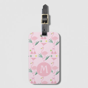 Etiqueta De Bagagem Girly Flamingo e Monograma Rosa Bikini