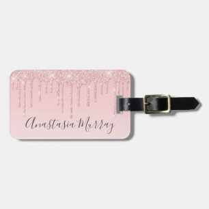 Etiqueta De Bagagem Girly Glam Blush Rosa Dourado Brilho Gotas Nome