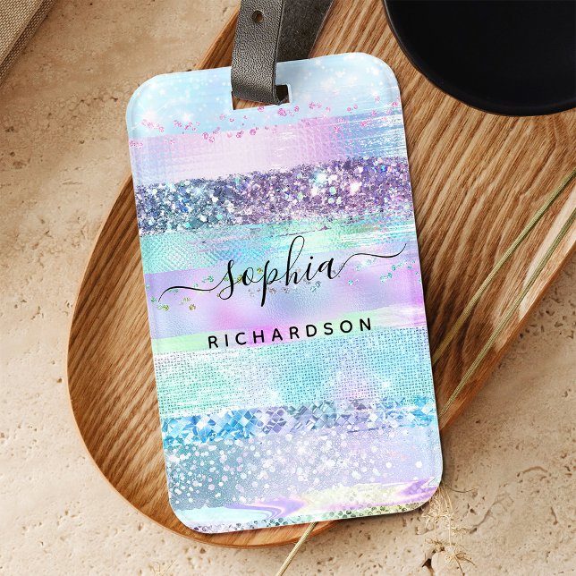Etiqueta De Bagagem Girly Glitter Faux Holographic | Púrpura azul-rosa (A glam, faux holographic look luggage tag)
