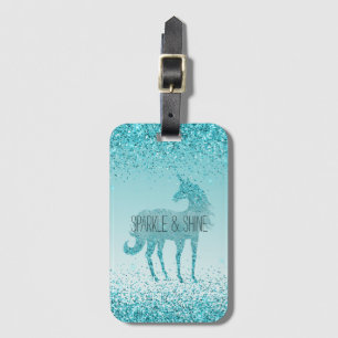 Etiqueta De Bagagem Girly Glitz Aqua Turquoise Glitter Unicorn