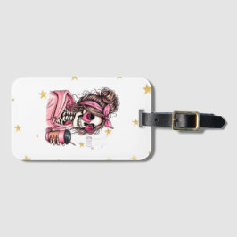 Etiqueta De Bagagem Girly Messy Bun Esqueleto Óculos de Sol Coração Ro