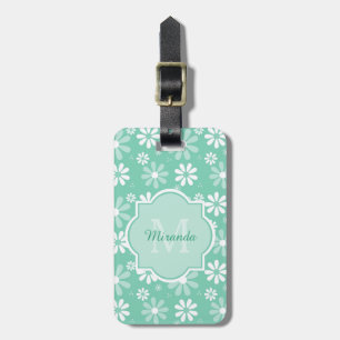 Etiqueta De Bagagem Girly Monograma Mint White Daisy Flowers Com Nome