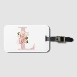 Etiqueta De Bagagem Girly Pale Rosa Dourada Glitter Floral Monograma L