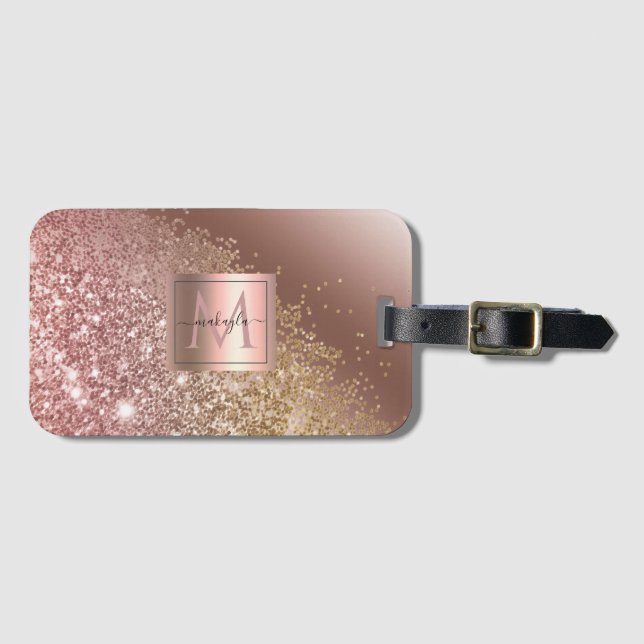 Etiqueta De Bagagem Girly Rosa Dourada Glitter Name Monograma (Frente Horizontal)
