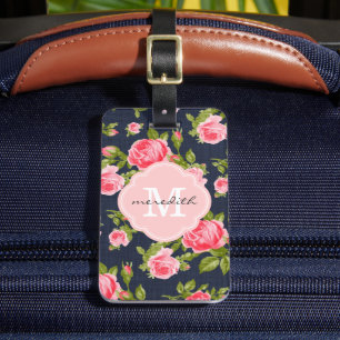 Etiqueta De Bagagem Girly Vintage Rosa Floral Monograma