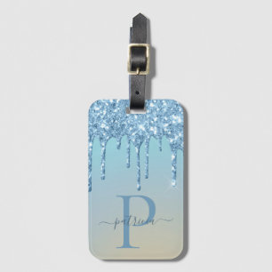 Etiqueta De Bagagem Glam Blue Glitter Drives Elegante Monograma