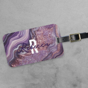 Etiqueta De Bagagem Glam Chic Elegante Roxo Glitter Marble