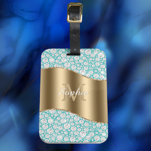 Etiqueta De Bagagem Glam Diamantes em Teal, Monograma Dourado, Nome do