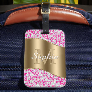 Etiqueta De Bagagem Glam Diamantes Fuchsia, Monograma Dourado, Nome do