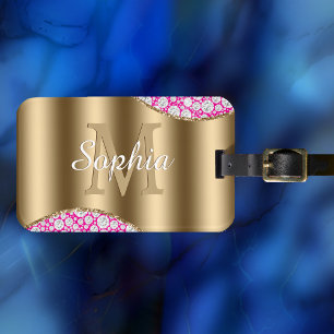 Etiqueta De Bagagem Glam Diamonds Fuchsia, Monograma Dourado, Nome em