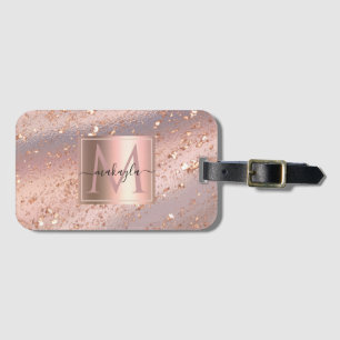 Etiqueta De Bagagem Glam Girly Rosa Dourado Flakes Gitter Monograma