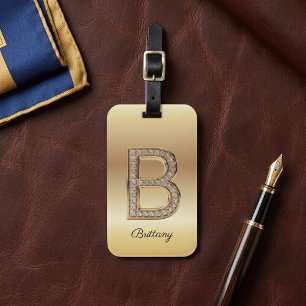 Etiqueta De Bagagem Glam Gold Diamante Monograma Letra Inicial B