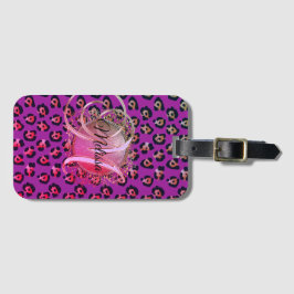 Etiqueta De Bagagem Glam Leopard Pink e Monograma Roxo