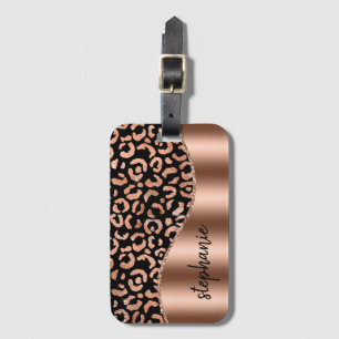 Etiqueta De Bagagem Glam Leopard Spots Rosa Dourado Nome Metálico Negr