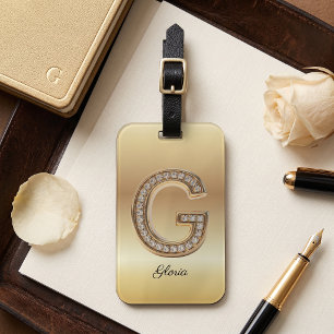 Etiqueta De Bagagem Glam Ouro Diamante Monograma Letra Inicial G