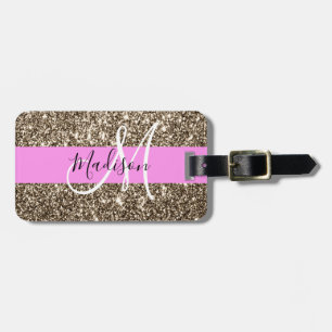 Etiqueta De Bagagem Glam Pink Champanhe Dourado Glitter Sparkle Monogr