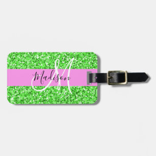 Etiqueta De Bagagem Glam Pink e Green Glitter Desperta Nome do Monogra