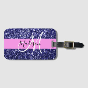 Etiqueta De Bagagem Glam Rosa Azul Naval Brilho Faíscas Nome Monograma