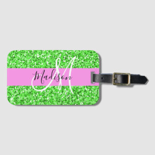 Etiqueta De Bagagem Glam Rosa e Verde Brilho Monograma Nome