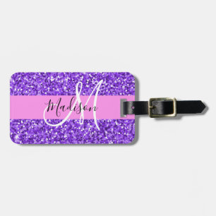 Etiqueta De Bagagem Glamour Roxo & Brilho de Glitter Monograma Nome