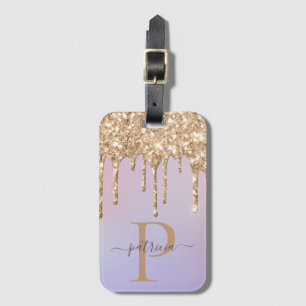 Etiqueta De Bagagem Glitter Dourado Glam Monograma Bagagem Elegante
