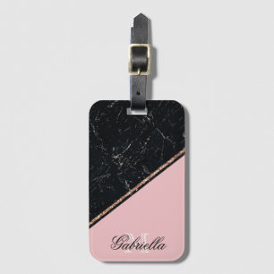 Etiqueta De Bagagem Glitter Dourado Rosa de Mármore Blac