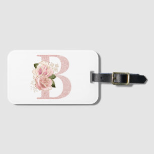 Etiqueta De Bagagem Glitter Floral Monograma B com Rosa Dourado de Gir
