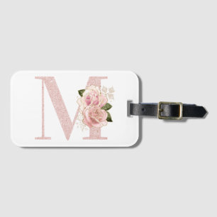 Etiqueta De Bagagem Glitter Floral Monograma Dourado Girly Rosa