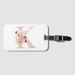 Etiqueta De Bagagem Glitter Floral Monograma K Rosa Dourado Girly