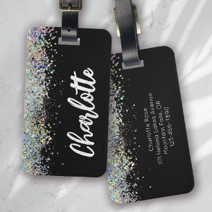 Etiqueta De Bagagem Glitter Holográfico de Luxo Negro Personalizado